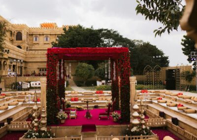 Royal and luxury wedding stage decoration with elegant floral and lighting setup